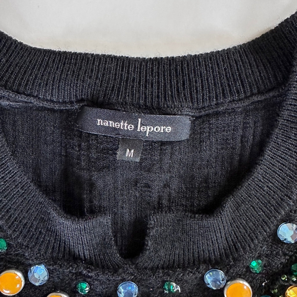 Nanette Lepore Wool Mini Black Dress Sparkle Rhinestone Short Sleeve Medium - Picture 8 of 12